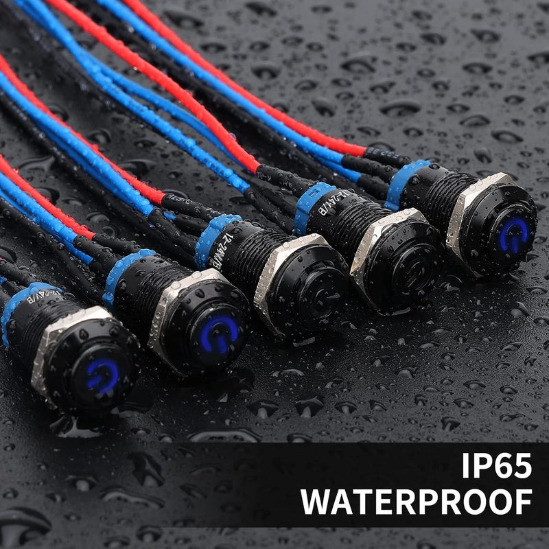 STARELO 5PCS 12mm Latching LED Push Button Switch Mini Round Black Shell with Pre-Wired, Power Mark Logo, IP65 Waterproof Push Button Switch, 1NO 1 Normally, Self Latching (Blue) with LED. - Image 5